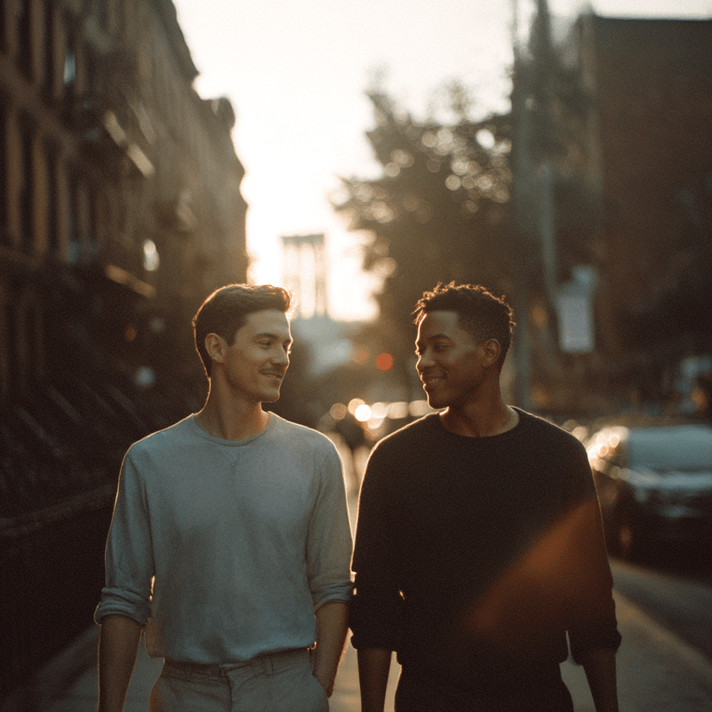 Two partners walking together on a city street at sunset